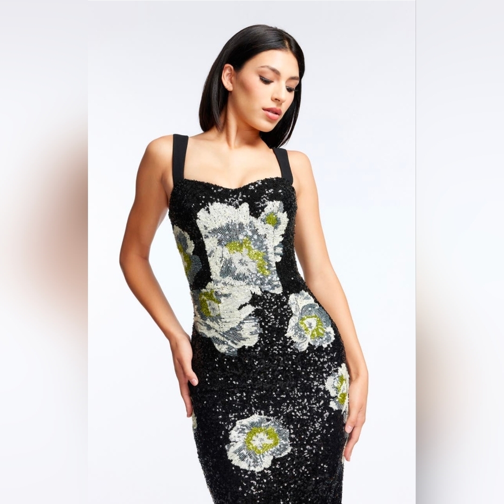 Dress the Population Black Sequin Floral Midi Dress